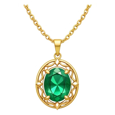 An emerald green necklace with a shiny pendant sticker