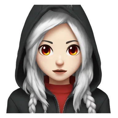 angry white-haired gamer girl with red eyes in a black hoodie, anime style sticker