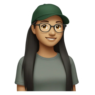 Look from side, asian girl, light skin, smiling with teeth, black eyes, spotted frame glasses, long brown straight hair with highlighted strands, black T-shirt, dark green cap. sticker