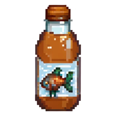 pixel art fish sauce bottle, small size, clear bottle, brown liquid, retro video game vibe sticker