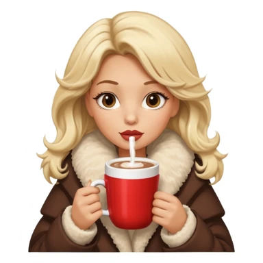 Tanned Girl with lashes , blonde hair, in an extremely big fluffy oversized coat and hold hot chocolate drink and vertically short eyes , big lip sticker