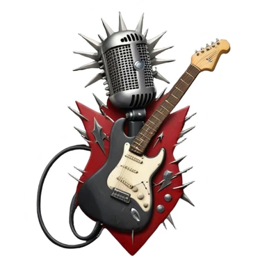 Create a powerful and dynamic humanless emoji representing rock vocals. The design should feature a classic vintage microphone with a rugged, distressed look, surrounded by elements like a guitar pick, electric guitar neck, and sound waves to reflect the raw energy of rock music. Add subtle details such as a spiked bracelet, leather textures, or bold lightning bolts to evoke the rebellious and intense spirit of rock. Use dark, edgy colors like black, red, silver, and metallic accents to emphasize the fierce, loud, and passionate nature of rock vocals. The background should be transparent. sticker