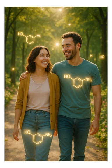 a smiling man and woman walk together along a sunlit park path, surrounded by green trees and blooming flowers. Sunbeams gently illuminate their faces, and subtle, glowing dopamine symbols float around them, symbolizing natural, healthy pleasure. The mood is uplifting and serene. sticker