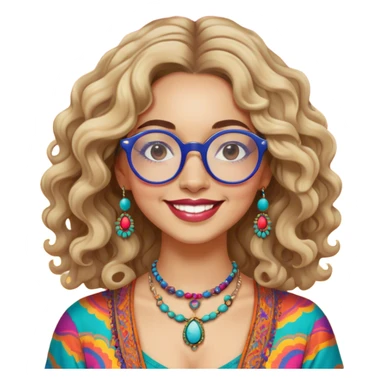 a portrait of janis joplin, with wavy hair, round glasses, and a warm smile. she wears bohemian jewelry and colorful clothing, capturing her iconic 60s vibe against a vibrant background. sticker