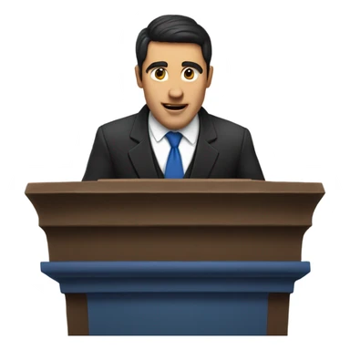 A man with dark hair and blue suit with black tie preaching behind pulpit sticker