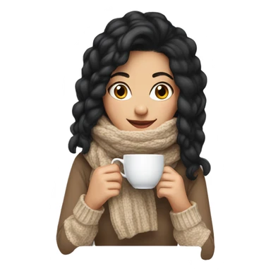 White girl black hair in a sweater and scarf sipping tea  sticker