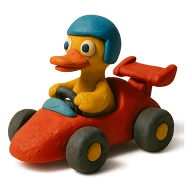 cartoon duck driving a race car in claymation style sticker