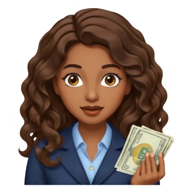 She has long, brown hair styled in soft wavy curls with a middle part. She has well-shaped eyebrows and dark brown eyes. She is wearing light makeup that highlights her natural beauty and is offering a slight smile to the camera. She is surprise when it comes to money sticker
