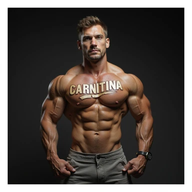 muscular bodybuilder, hyperrealistic photographic style, showing a vial with a label 'CARNITINA' in large block letters sticker