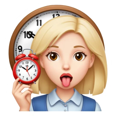 A girl with her tongue out with a clock in her hand sticker