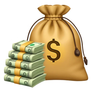 money bag and stack of dollars placed with it sticker