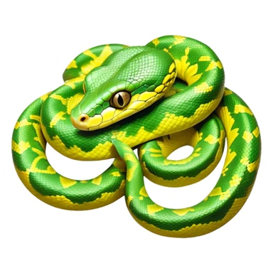 cinematic-green tree python-realistic-full-body-coiled-emoji,-thick-scaled-body-looped-tightly,-intricate-tellow and green-patterned-scales-reflecting-light,-head-tilted-dramatically,-slitted-eyes-staring-calmly,-simplified-yet-realistic-focused-feature sticker
