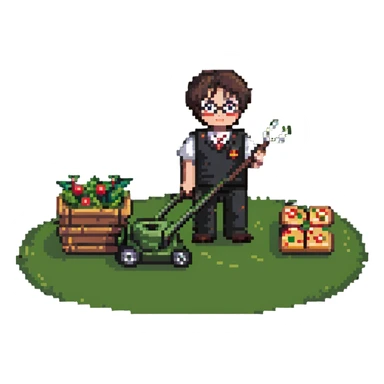 Harry Potter mowing the lawn with pizza sticker