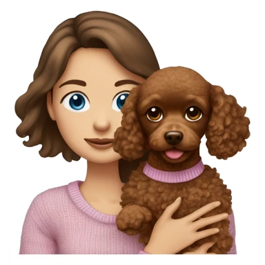 Pretty blue eyed tan girl with brown hair in a pink sweater holding a brown sweet toy poodle sticker