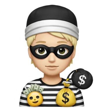 Realistic ios emoji-style portrait of a classic burglar, a black eye mask and a black-and-white striped shirt. emoji-like hair, black hat, a bag of money 💰 with a dollar sign in a right corner, mean expression  sticker