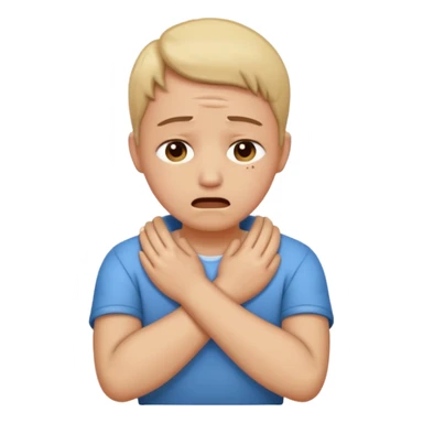 Person crying with crossed arms holding neck sticker