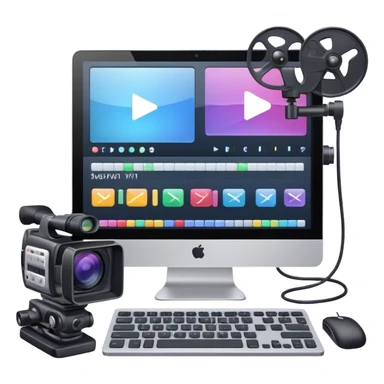 Create an emoji for video editing. Show a computer screen with a video timeline, clips, and editing tools (e.g., scissors). Add a video camera. Use modern, professional colors. Do not include any emojis or smiley faces. Make the background transparent sticker