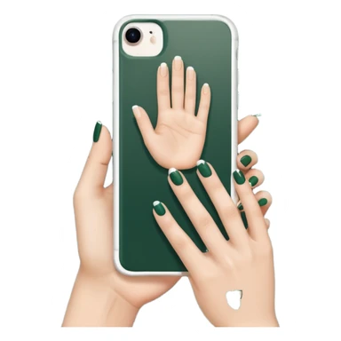 female hand with nude manicure (5 fingers) holding white iPhone in dark green case, minimalism, bottom view, emoji style sticker