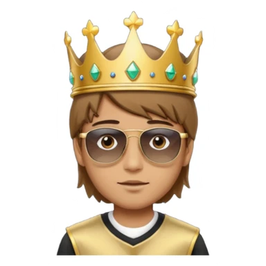 Un niño con cabello lacio no muy largo color marrón castaño,ojos marrones,piel no muy blanca, que tenga lentes de sol color negro,reloj en la mano derecha y una corona como sombrero sticker