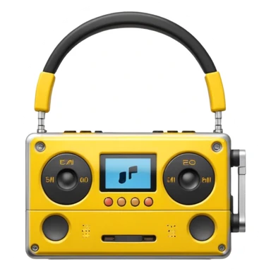 3D render of Walkman, vintage 1980s audio equipment aesthetic, tactile analog buttons, bright sports yellow plastic case with black foam headphones, mixed wood grain and brushed aluminum textures, Apple emoji style, isolated on white background --v 6.0 sticker