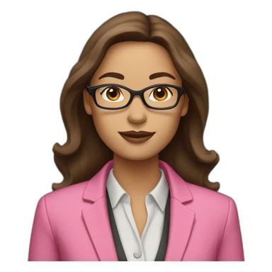 Woman with glasses and long brown hair dressed with a pink blazer sticker