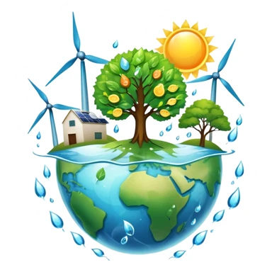 An icon featuring a green Earth, a tree, recycling symbols, and renewable energy sources like wind turbines, solar panels, and hydropower. The design includes animals, water droplets, and the sun, representing ecology, sustainable energy, and environmental protection. Transparent background. sticker