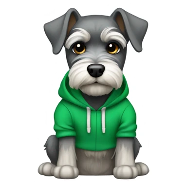Mini schnauzer with a Kelly green hoodie. Hood has frog eyes in the top sticker