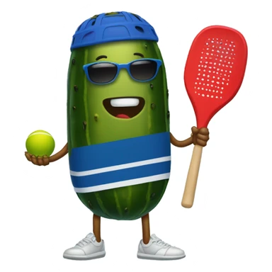 pickle with legs, wearing a jersey, holding a solid red paddle ball racket, blue backgound, wearing sunglasses sticker