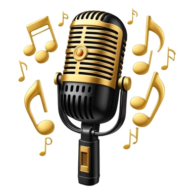 Vintage 1950s microphone with glowing jazz notes around it, emoji style, glossy finish, black and gold color palette
 sticker