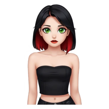 Girl. Green hazel eyes. Black hair with red e-girl highlights and red perk-a-boo underlights. Medium long hair. black strapless crop top. Skinny face. sticker