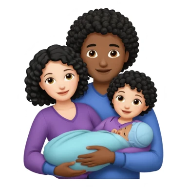 family: white woman curly black hair, black man with short black frizz hair, one 2 y o daughter mixed skin color , and a newborn in the and of the mother sticker