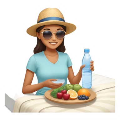 A person in the sun, with a plate of whole foods, water bottle, and glowing bed behind them. Nearby, smiling friends gather—symbolizing balance, healing, and connection through simple daily rituals. sticker