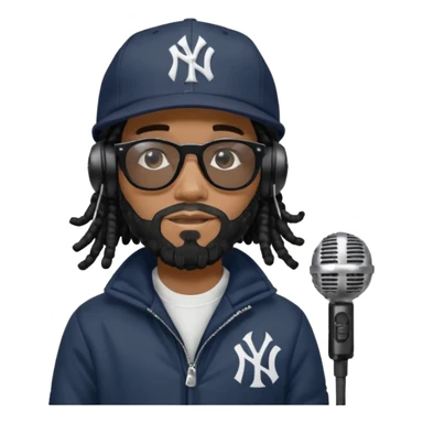 African American man with shoulder length black dreadlocks with black beard wearing black sunglasses wearing a New York Yankees logo baseball cap wearing a black bubble winter coat wearing headphones rapping into recording studio microphone with a mic cover sticker