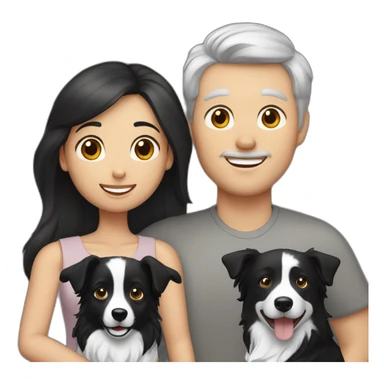Family formed by a White man and a White woman with long black hair and a small black border collie dog sticker
