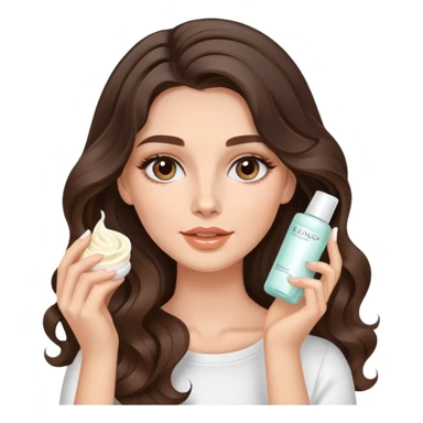 beautiful brunette with a light balayage white girl with nice curls/defined waves, very long hair, clean girl makeup APPLYING A FACE CREAM ON HER FACE sticker
