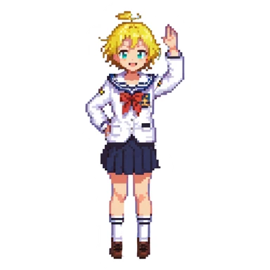 Pixel art anime girl with short bright yellow hair wearing Japanese sailor style school uniform, composed posture with hand on hip but energetically waving with other hand, excited smile and happy eyes sticker
