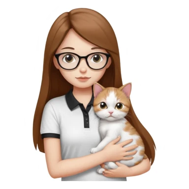 a girl with long brown straight hair, in a white a black polo t-shirt, with eyeglasses hugs a persian kitten 3 months old had a half spot black on her face and white one cat. emoji | AI Emoji Generator sticker