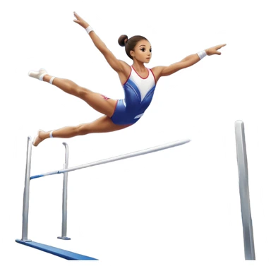 Professional gymnast performing a complex routine on parallel bars, demonstrating strength, control, and perfect balance. The gymnast is mid-air, executing a powerful move with focused concentration. The background shows a brightly lit gymnasium with a cheering audience. sticker