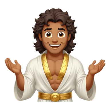 Cinematic Realistic Hercules Portrait, head tilted dramatically with an exaggeratedly amused expression, featuring expressive eyes and a hint of a roguish smile. His bronze, marble-like skin and thick, wavy dark hair, rendered with classical artistry, complement his flowing white robe adorned with delicate golden accents, all brought to life with dynamic natural lighting that captures a rare, playful moment from an enduring legend. sticker