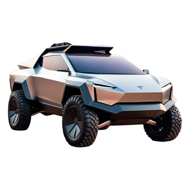 Tesla Cybertruck - A futuristic Tesla Cybertruck, angular and geometric with a sharp, triangular body shape. Stainless steel exoskeleton with a raw, unpainted, brushed-metal finish. A sleek, narrow LED light bar stretches across the entire front. Large, rugged off-road tires with exposed wheel arches. Smooth, handle-free doors and a slanted, armored rear with a retractable tonneau cover. Rear LED strip mirroring the front. The vehicle looks like a sci-fi-inspired, bulletproof stealth tank on wheels, set in a high-tech urban environment at sunset, with reflections on its metallic surface. sticker