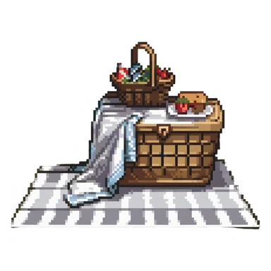 picnic basket and blanket next to a lake sticker