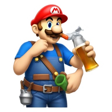 Mario plumber drinking beer with a shirt that reads “HOPE” with a pipe wrench logo sticker