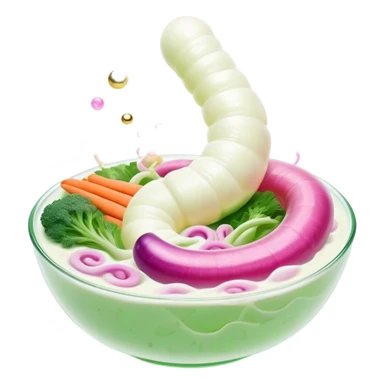 Ethereal bowl of bright white yogurt, translucent fermented vegetables, and golden bubbles gently floating around a luminous spiral intestine, vibrating in green and pink tones of balance and life. The scene shows probiotic foods connecting with and nourishing a glowing digestive system. sticker