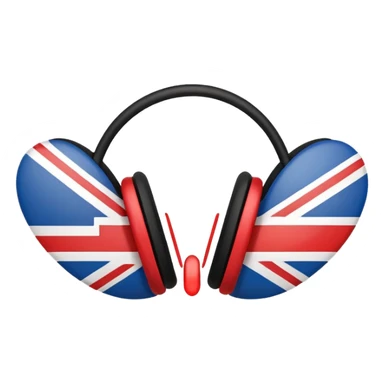 Minimalistic flat vector icon, iOS style, thin black contour on white background. Ear icon with sound waves and small UK/USA flag symbol. Clean, no text, no shadows sticker