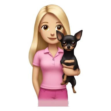 White girl with medium straight blonde hair wearing a pink shirt holding a long haired black chihuahua wearing a pink bow sticker