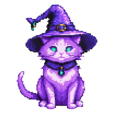 pixel art purple cat with a magical aura and witch accessories sticker