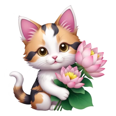 Kitten holding a bouquet of lotus flowers sticker