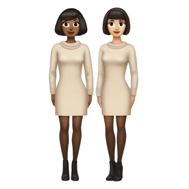 Romanian woman with a short dark brown bob haircut featuring bangs that slightly cover her eyes. Natural makeup,slightly flushed cheeks,light beige straight-fit long sleeve very chunky twist knit dress,black heels,dark brown thigh-high stockings sticker