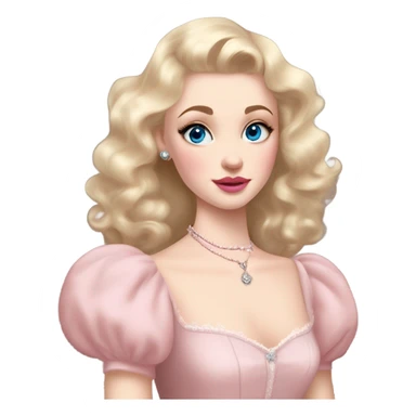 girl blonde hair pale skin blue eyes. Pink lips blush Smokey eye (but not too much). Vintage blowout with long hair not too curly.  light pink princess dress, puffed sleeves, dainty choker necklace (think Versailles but not too much). Striking beauty sticker