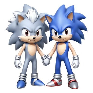 Blue Sonic the Hedgehog and silver-colored Silver the Hedgehog holding hands together side by side sticker